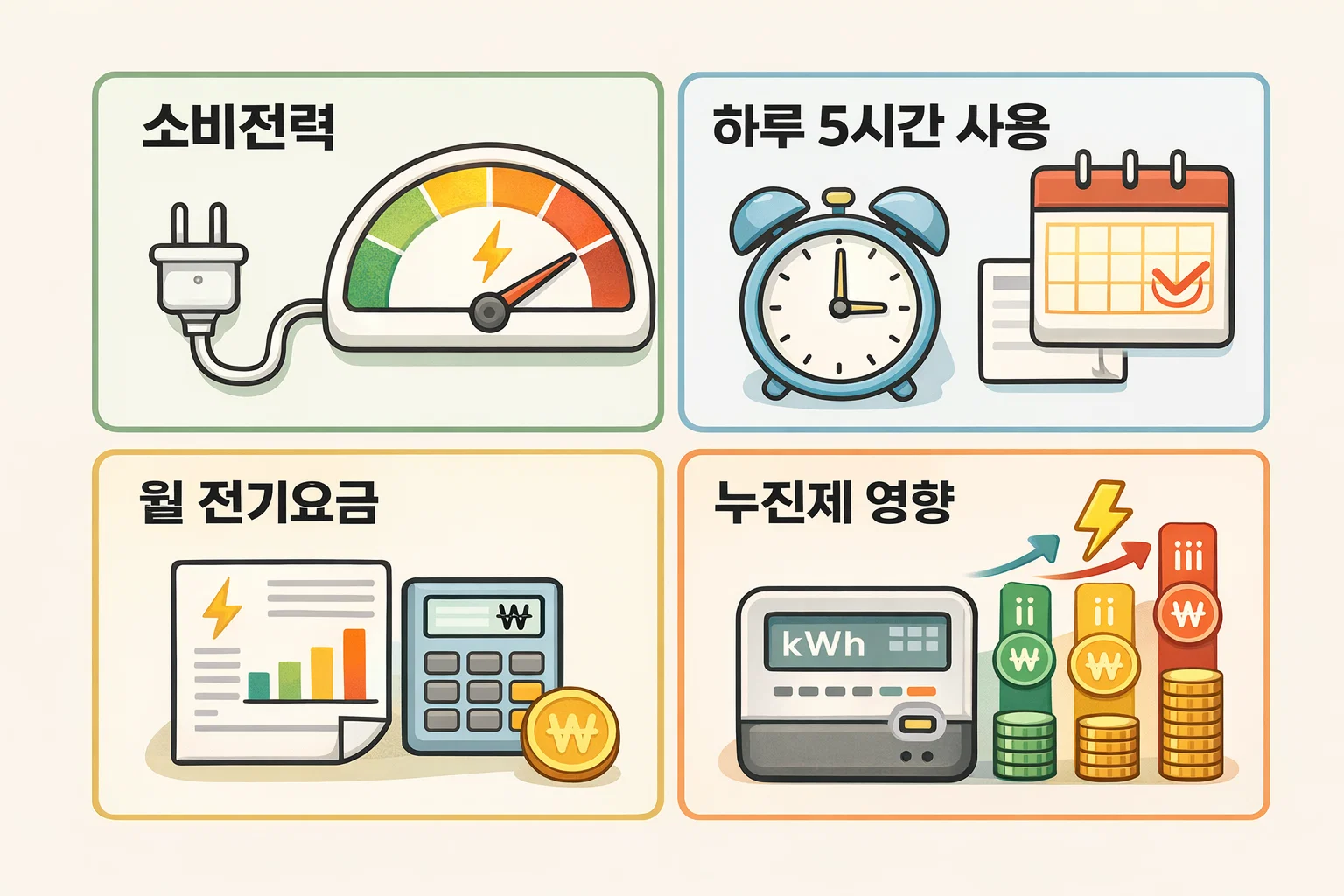 전기 히터 온풍기 전기요금을 하루 5시간 사용 기준으로 소비전력 월 전기요금 누진제 영향을 포함해 계산 구조로 설명한 분석 이미지입니다