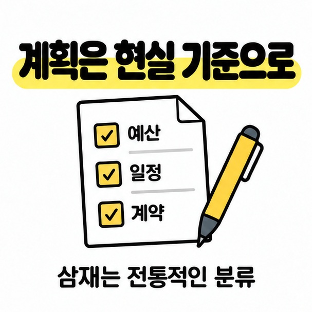 예산, 일정, 계약을 확인하는 체크리스트와 삼재는 전통적인 분류라는 안내