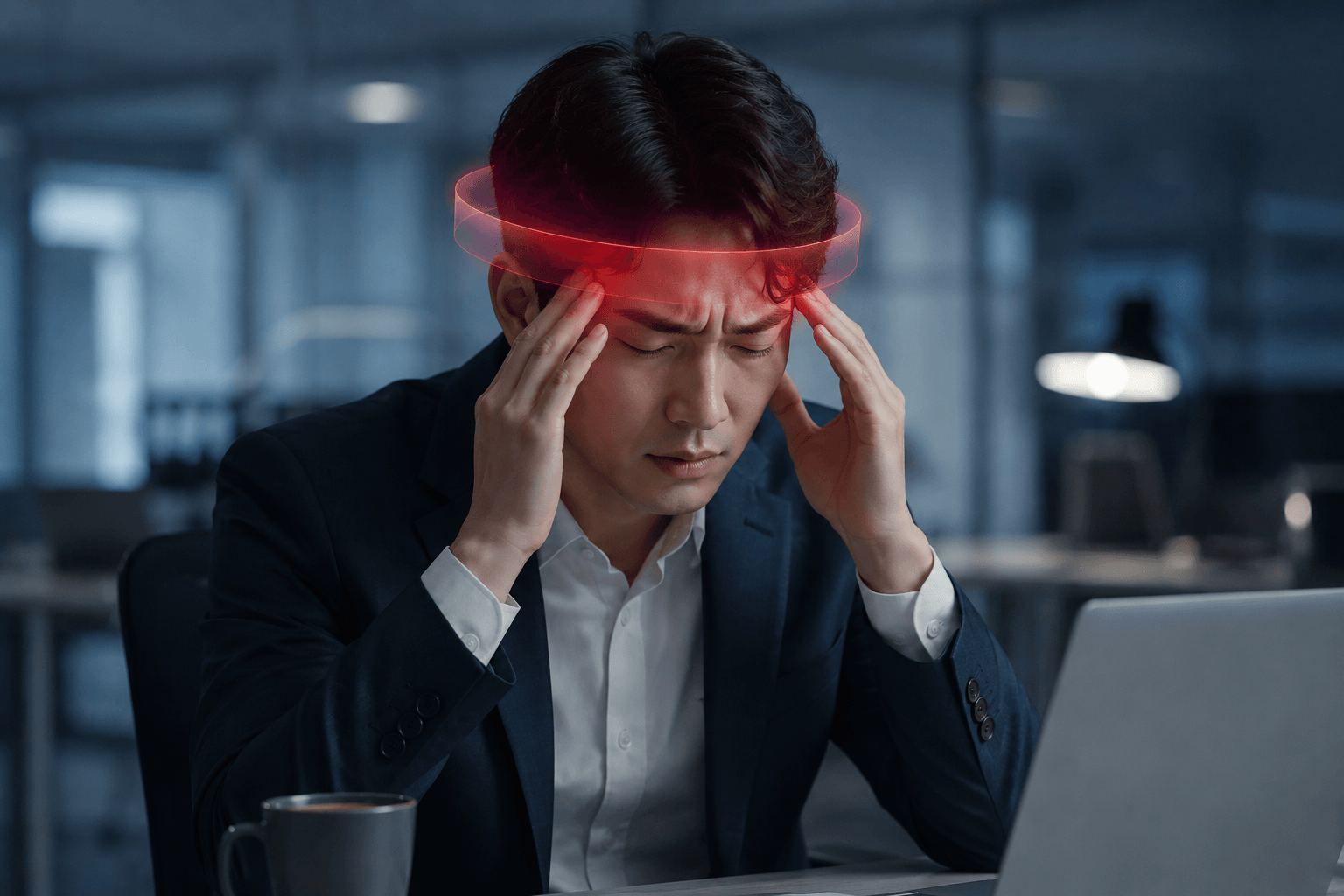 사무실 책상 앞에서 관자놀이를 짚고 두통을 호소하는 직장인의 모습으로 긴장성 두통과 머리를 조이는 압박감을 시각적으로 표현한 실사
