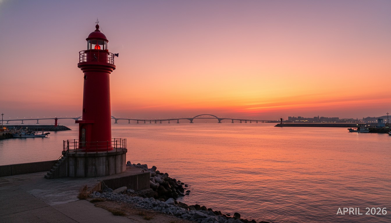 노을 지는 2026년 4월의 목포 북항 빨간 등대와 목포대교 배경
