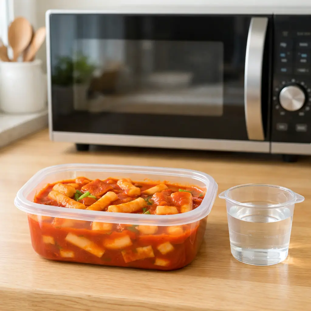 떡볶이를 밀폐용기에 담고 물을 추가해 전자레인지 재가열 준비한 모습