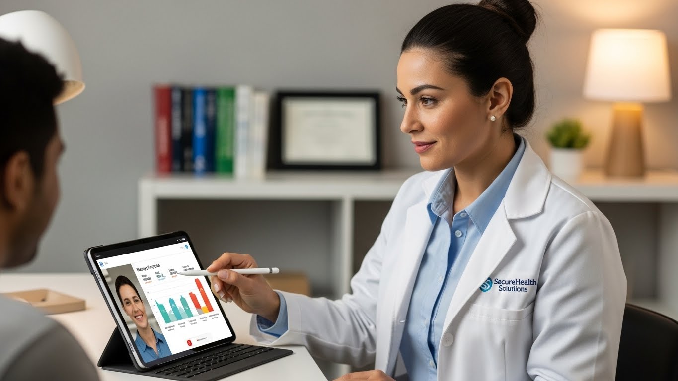 헬스케어 컨설턴트가 태블릿으로 고객과 화상 상담을 하며 건강 차트를 설명하는 모습. 보험사 헬스케어 자회사의 전문적인 서비스를 상징한다.