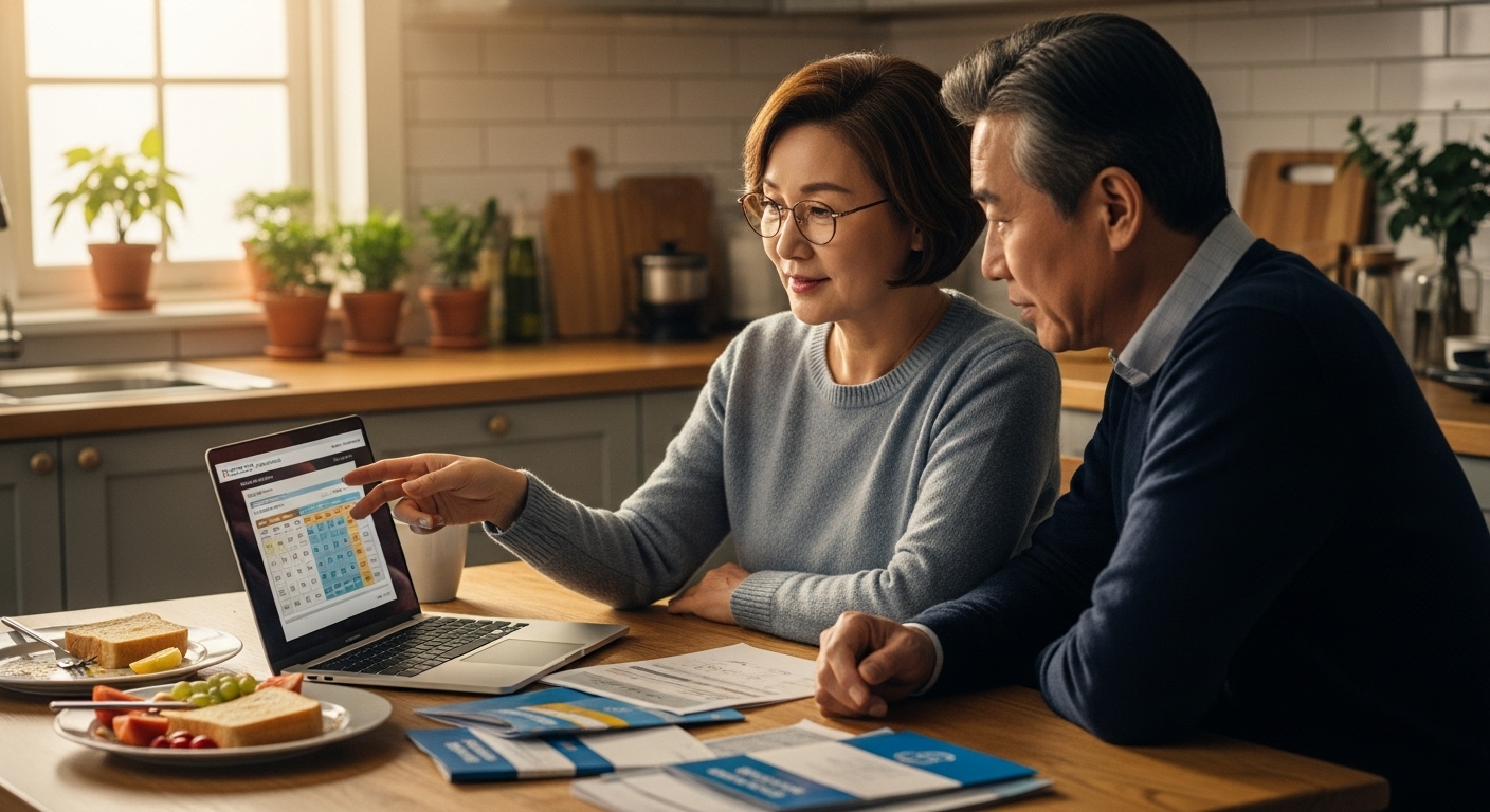 국민연금 수령 시기를 두고 서류와 노트북을 보며 상의하는 60대 부부