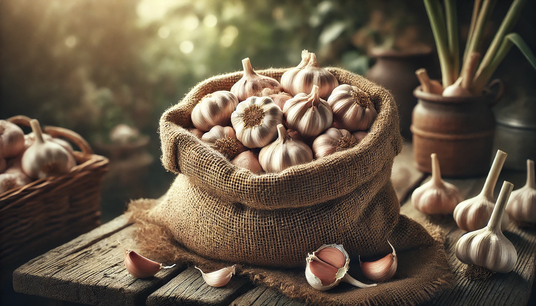 갓 수확한 마늘이 담긴 봉투