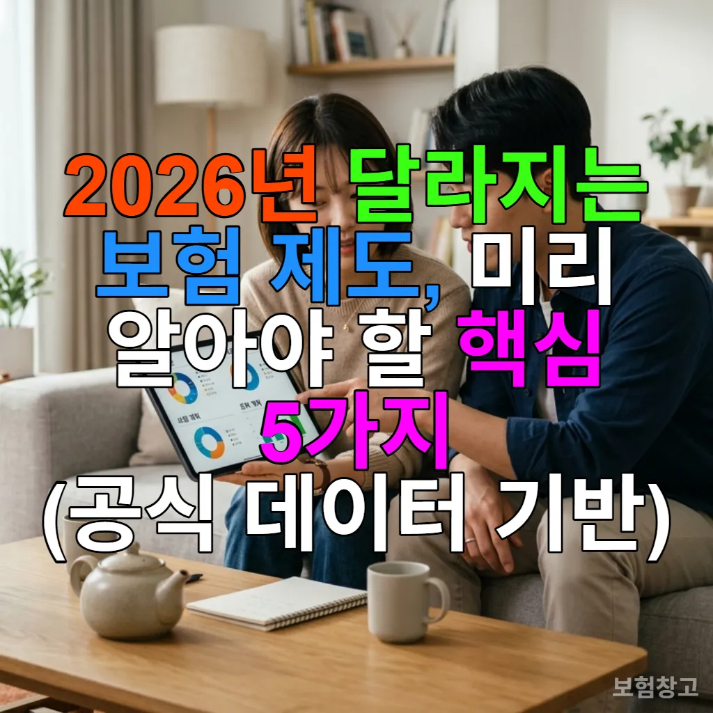 20대 후반에서 30대 초반의 한국인 부부가 거실 소파에 앉아 태블릿으로 보험 및 금융 데이터를 진지하게 검토하는 모습