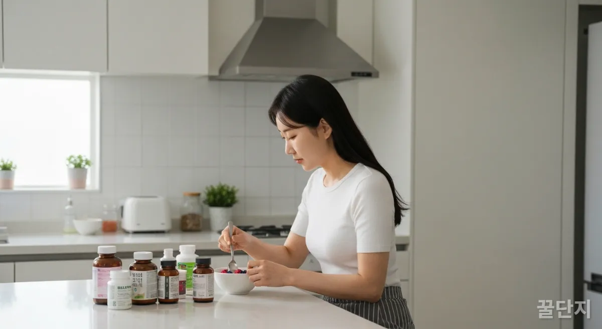 주방 카운터에서 건강식품과 함께 아침 식사를 준비하는 한국 여성