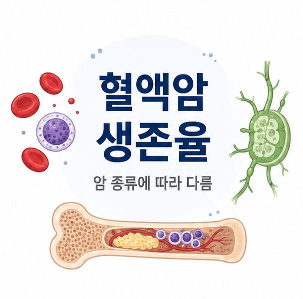 혈액세포와 골수, 림프절 아이콘을 함께 배치해 혈액암 생존율이 암의 종류에 따라 달라진다는 점을 표현한 대표 이미지
