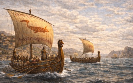 시타크 문명의 고대 목재 선박이 흑해를 항해하는 모습