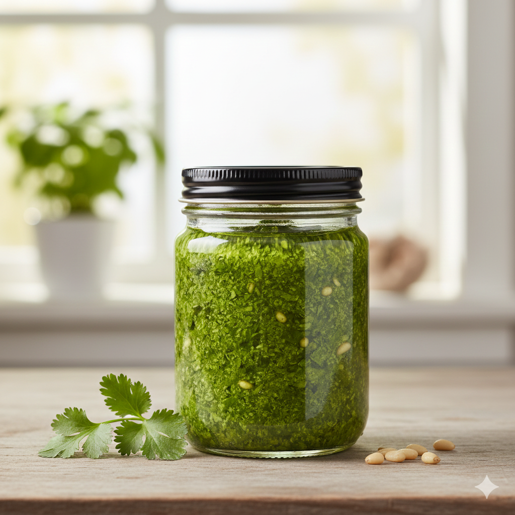 고수와 견과류, 올리브유를 곱게 갈아 만든 진한 초록빛의 고수 페스토