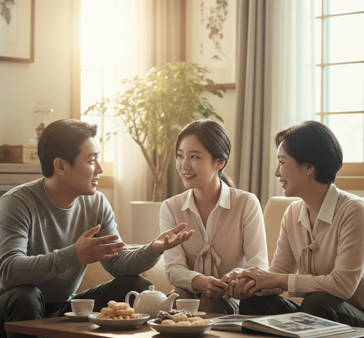 여러 질문을 여자친구 어머님께 적극적으로 하고있는 예비남편의 모습