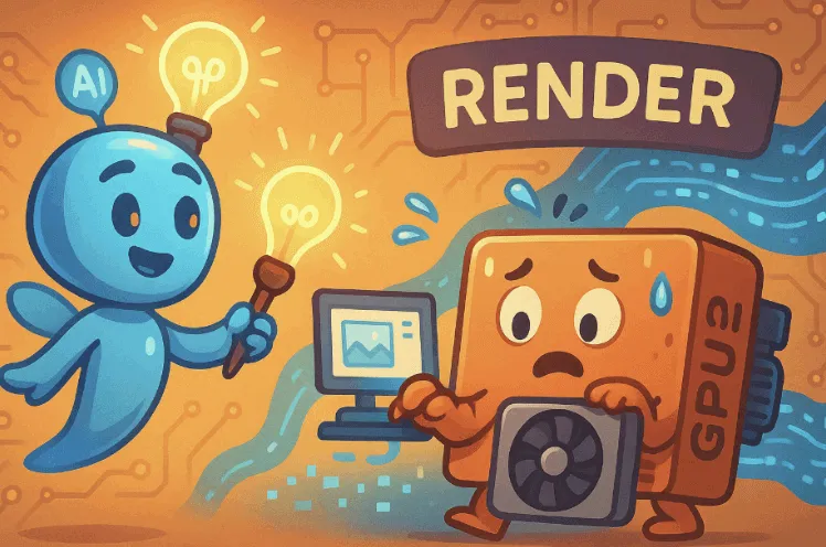 AI와 GPU가 협업하는 Render 구조를 직관적으로 표현한 유쾌한 일러스트 이미지.
이 이미지는 AI 캐릭터가 아이디어를 제시하고, GPU 캐릭터가 그것을 처리하는 과정을 통해 Render Network의 분산 렌더링 구조를 시각적으로 설명하며, 블로그의 AI + GPU + Web3 인프라 주제와 관련된 핵심 개념을 전달함 (Render Network, AI + GPU, Web3 illustration)