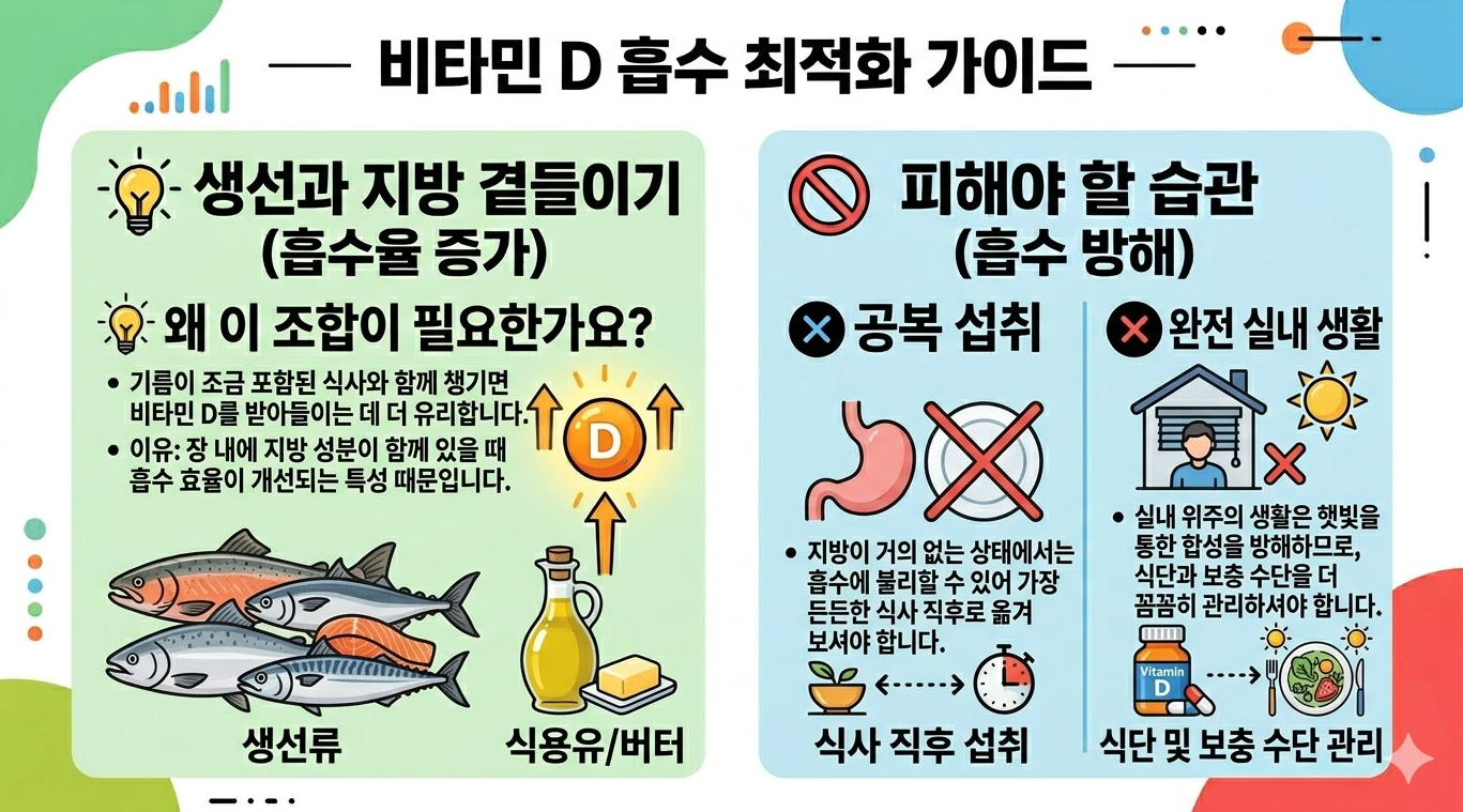 비타민 D 흡수 돕는 지방 식사와 피해야 할 습관 비교 이미지