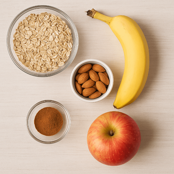 오트밀과 아몬드, 시나몬가루, 바나나와 사과 이미지