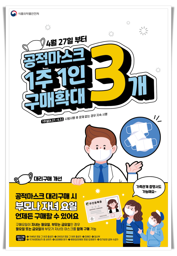 공적마스크 구매 변경(출처 : 식약처)