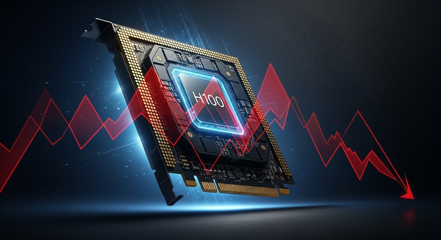 "A dynamic digital painting of a powerful NVIDIA GPU chip (like H100 or Blackwell) slightly tilted, with sharp, downward red stock market graph lines crossing in front of it, against a background of dark blue and grey, symbolizing market volatility and underlying power. Professional, high-tech, dramatic lighting."