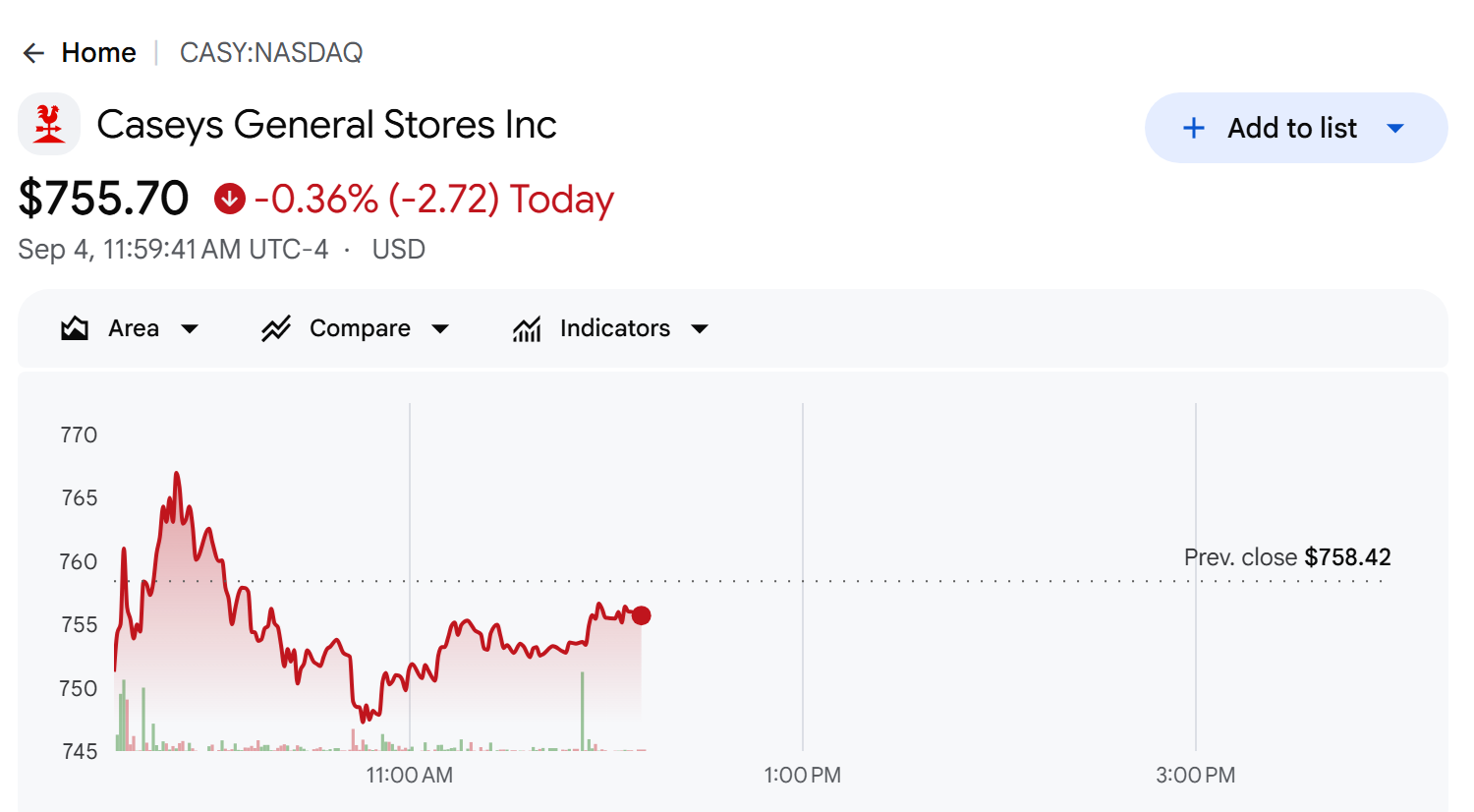 Casey's General Stores (CASY) on Google Finance, September 4, 2026, 11:59 AM ET