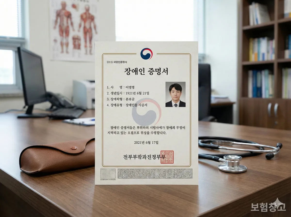 병원 책상 위에 놓인 세법상 장애인 증명서와 청진기