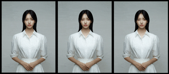 상반신을 살짝 회전하는 인물 손동작을 동작 중심 프롬프트로 설계한 Midjourney 영상 GIF, 손의 이동과 정리 흐름이 안정적으로 표현됨_Midjourney