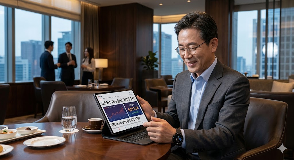 세련된 라운지에서 태블릿으로 코스피 6,000 돌파 뉴스를 확인하는 중년 신사의 모습