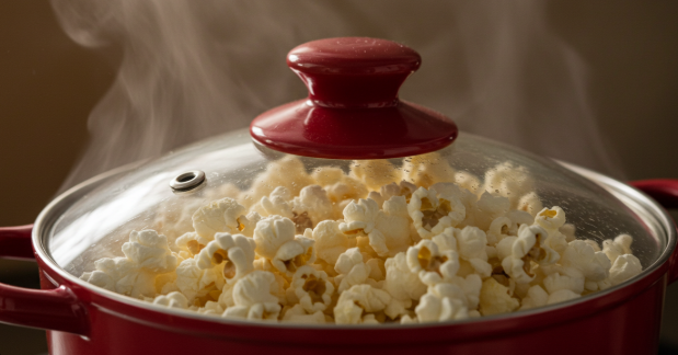 냄비 뚜껑 안에서 팝콘이 팝팝 소리를 내며 터지고 있는 모습