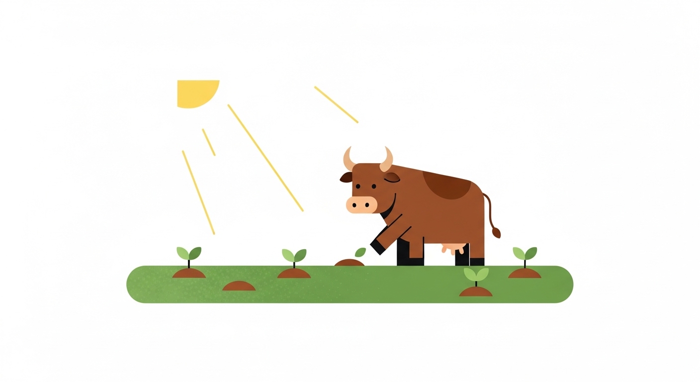 비옥한 밭에 정성스럽게 씨앗을 심으며 성장을 준비하는 성실한 소 캐릭터 일러스트