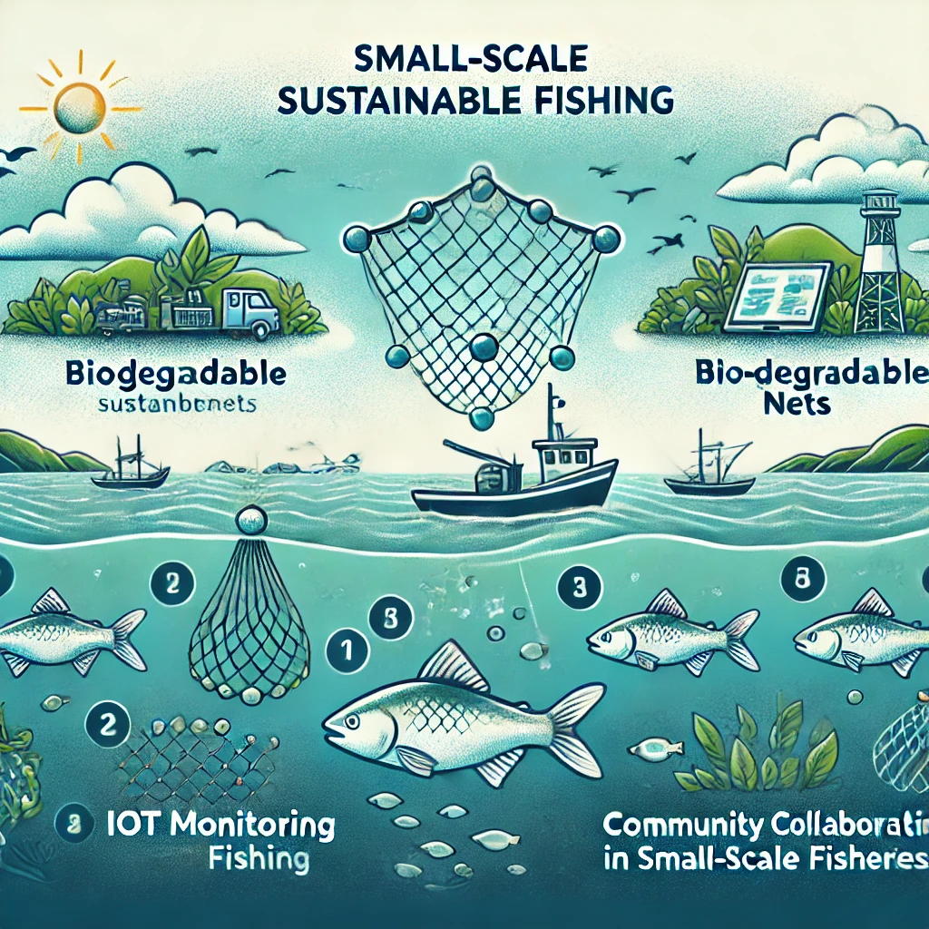 이 이미지는 소규모 친환경 어업의 성공적인 사례들을 표현하고 있습니다. 생분해성 어구와 IoT 모니터링, 지역사회 협력이 어우러져 있으며, 깨끗한 바다와 다양한 어종이 함께 있어 지속 가능한 어업 방식이 해양 환경 보호와 어업 효율성 향상에 기여하는 모습을 상징적으로 보여줍니다.