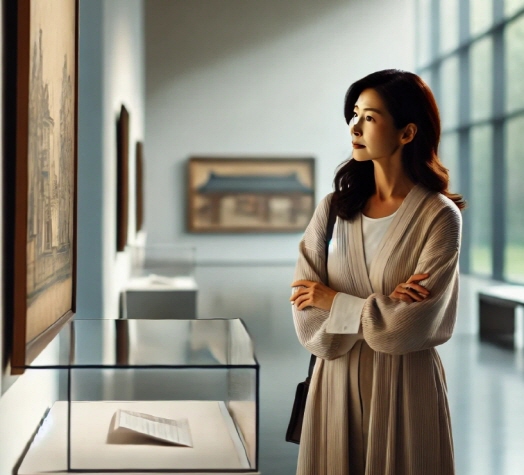 자연 채광이 은은하게 들어오는 미술관에서 전시를 감상하며 설명을 듣는 중년 여성.