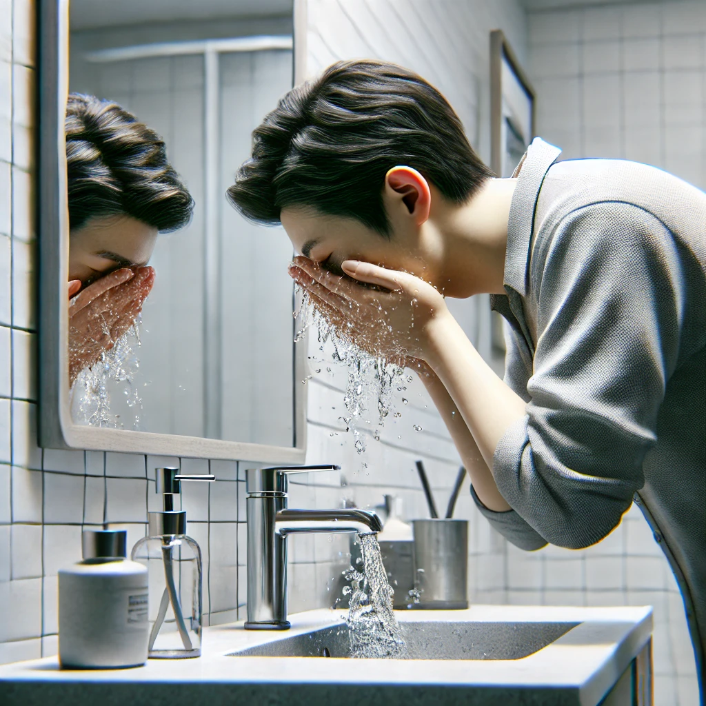 남성이 욕실에서 얼굴을 세수하며 싱크대 위로 물을 튀기고 있는 장면. 욕실은 깨끗하고 현대적이며, 거울과 정리된 세면용품이 카운터 위에 놓여 있습니다