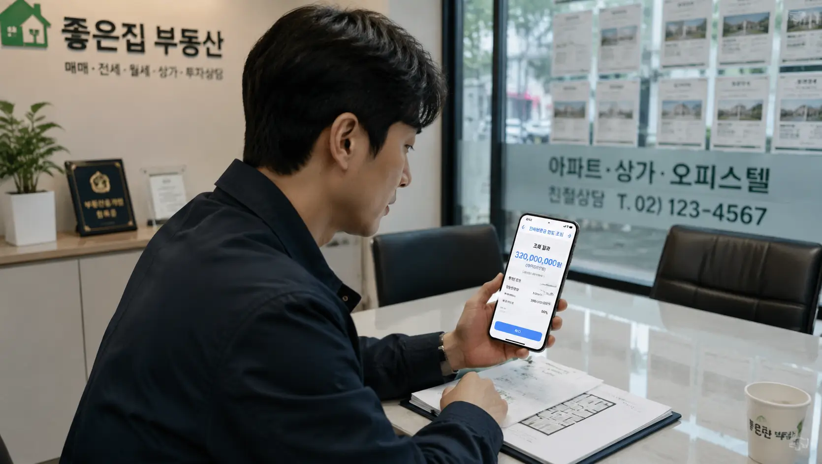 공인중개사 사무소 테이블에 앉아 스마트폰 모바일 뱅킹 앱으로 전세 보증금 한도 조회 결과를 확인하는 30대 남성