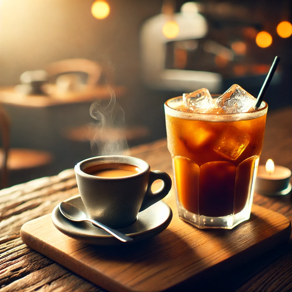 김이 나는 에스프레소 한 잔과 아이스 아메리카노 한 잔