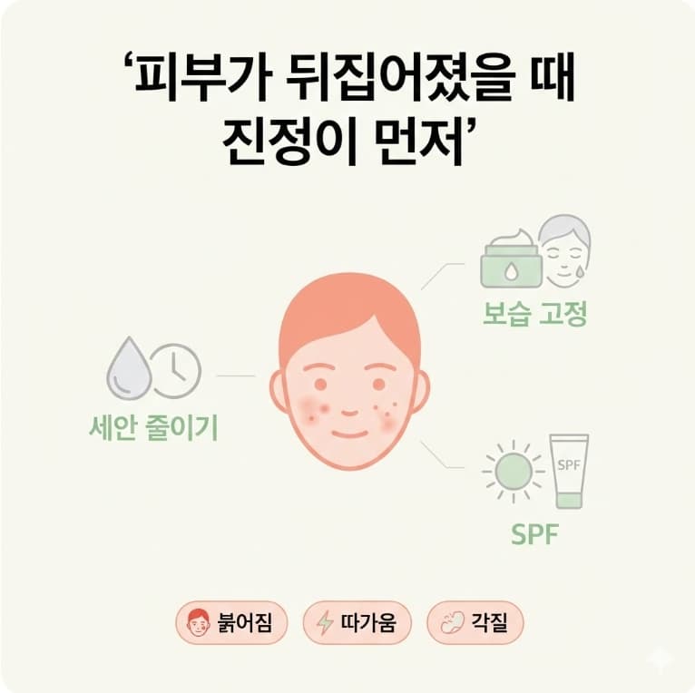 피부가 뒤집어졌을 때 진정 우선 원칙과 3단계 응급 루틴을 정리한 인포그래픽