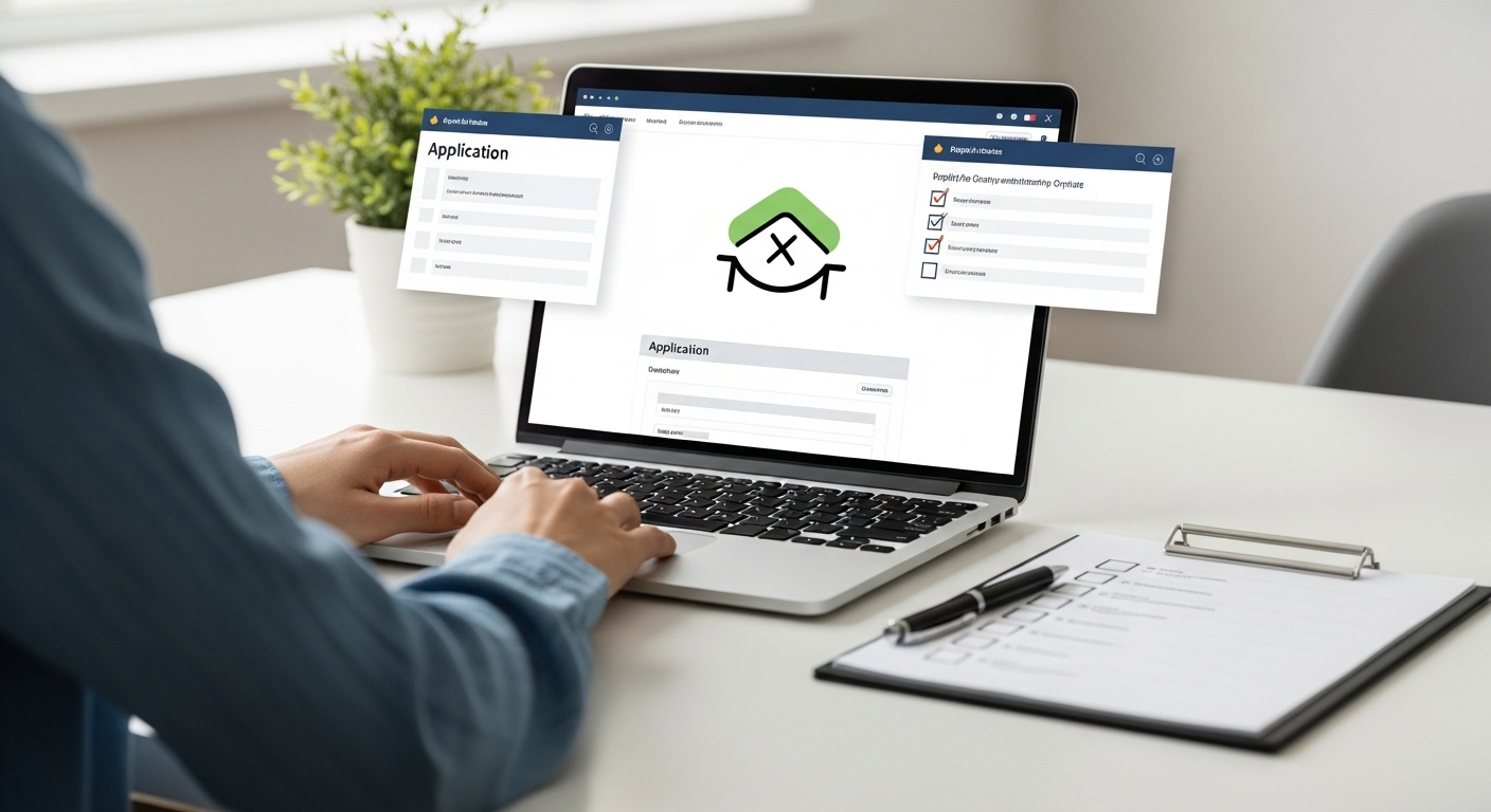 노트북으로 정부 지원금 온라인 신청 절차를 확인하며 서류를 준비하는 사람의 모습, 간편하고 효율적인 온라인 신청 과정을 상징