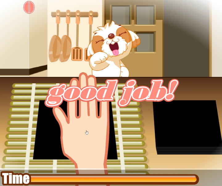 쟈스민의-김밥만들기-초급-플래시게임-플레이-김발-위에-김을-놓는-화면