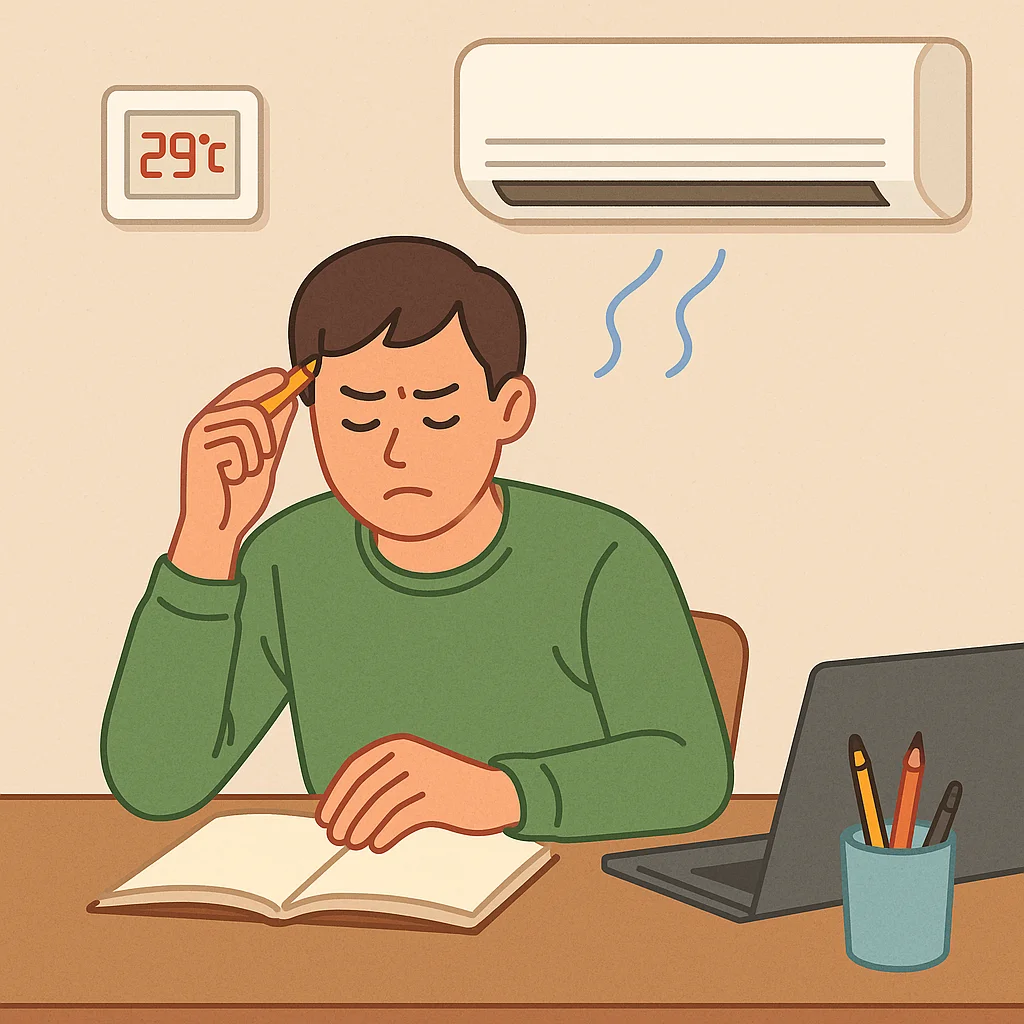 실내 온도가 높아 집중하지 못하고 고민하는 남성의 모습, 노트북과 책상 위에 펼쳐진 노트, 벽에는 온도계와 에어컨이 보임