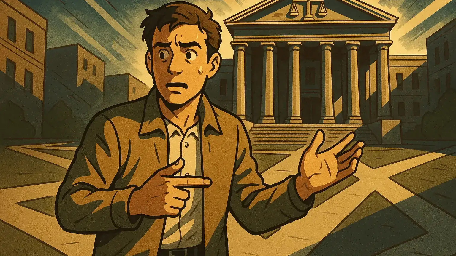 법원 건물 앞에서 고민하는 시민의 모습과 신고·고소·고발·진정 4가지 선택지를 나타내는 인포그래픽 이미지