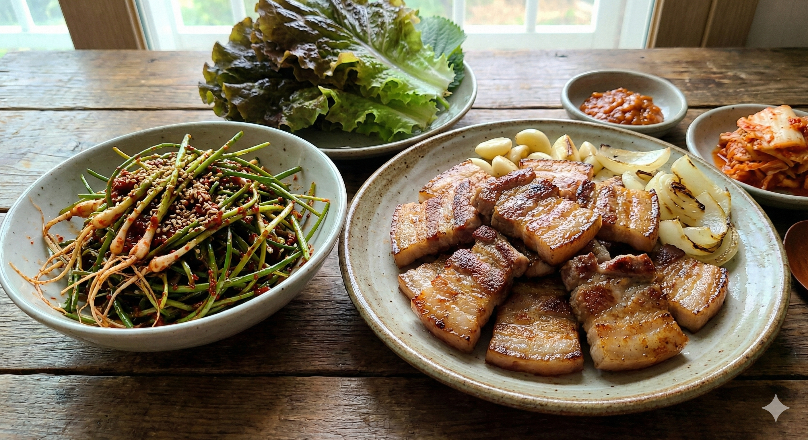 입맛을 돋우는 달래 양념장 무침과 삼겹살 구이, 건강한 달래 요리