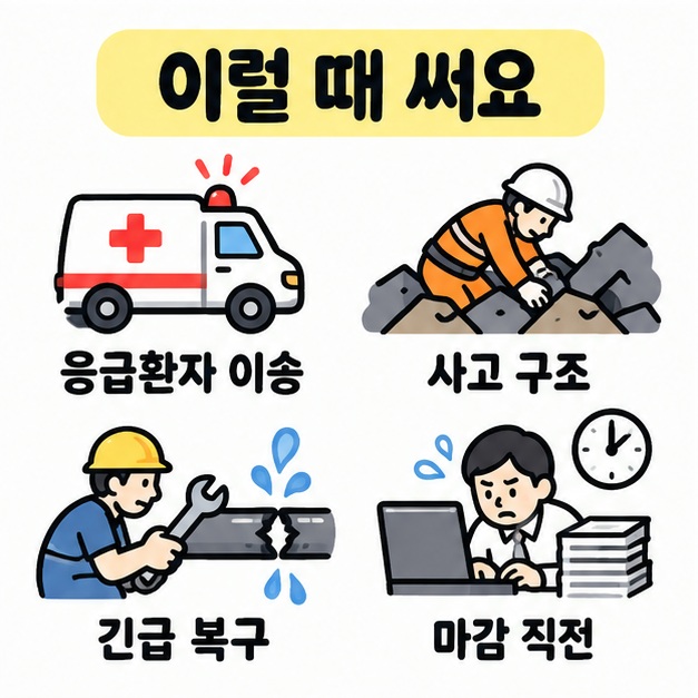 응급 이송과 사고 구조, 마감 직전 상황을 예시로 보여주는 촌각을 다투다 쓰임 카드