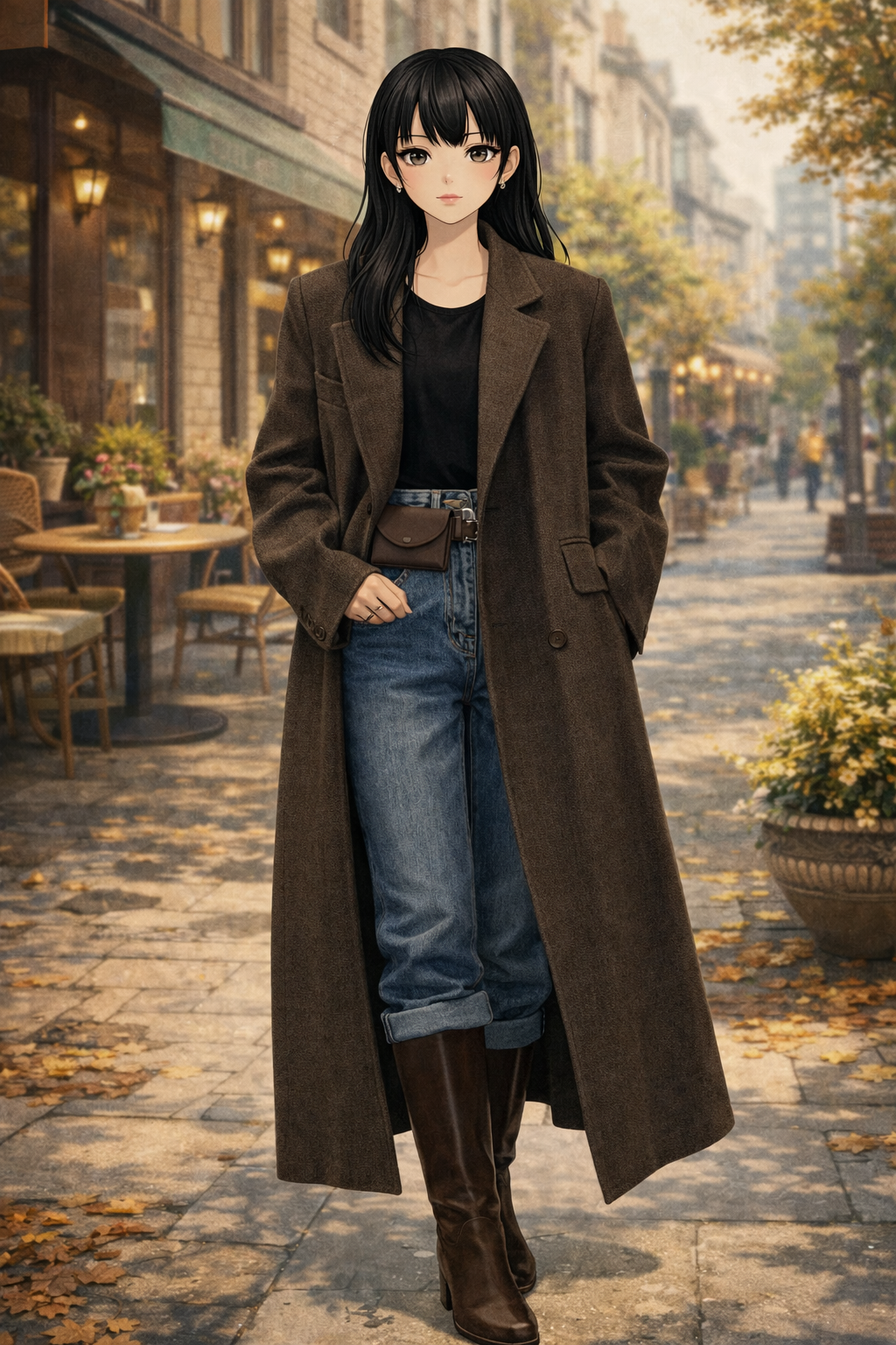 deep brown coat with denim jeans belt bag outfit classic casual chic winter street style women