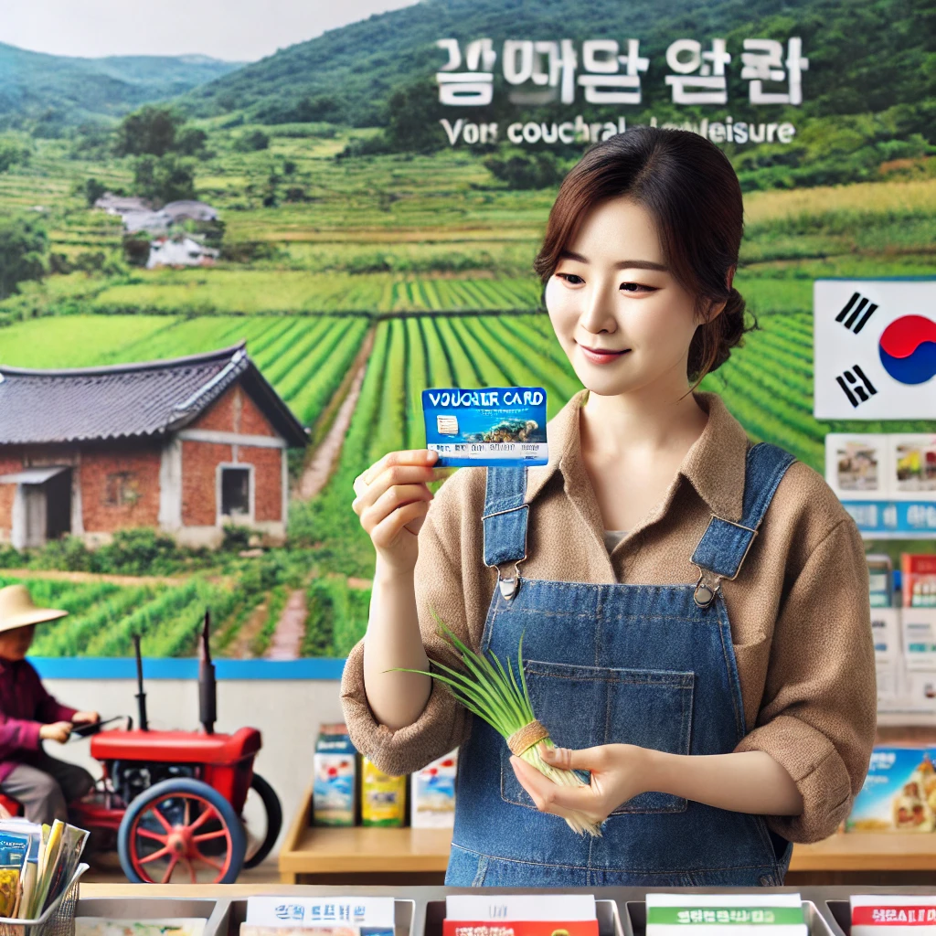 한국 시골에서 여성 농업인이 바우처 카드를 사용하여 매장에서 결제하는 모습. 매장에는 문화, 여가, 건강 관련 다양한 서비스가 제공되고 있으며, 배경에는 푸른 들판과 작은 마을이 펼쳐져 있다.