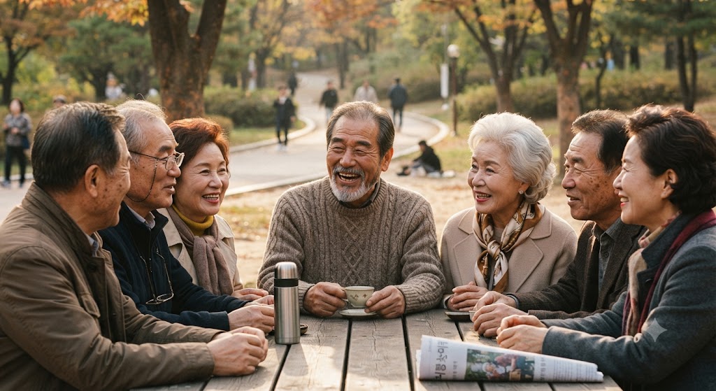 60세 이상 할머니와 할아버지들이 테이블에 둘러앉아 웃으며 대화하는 모습
