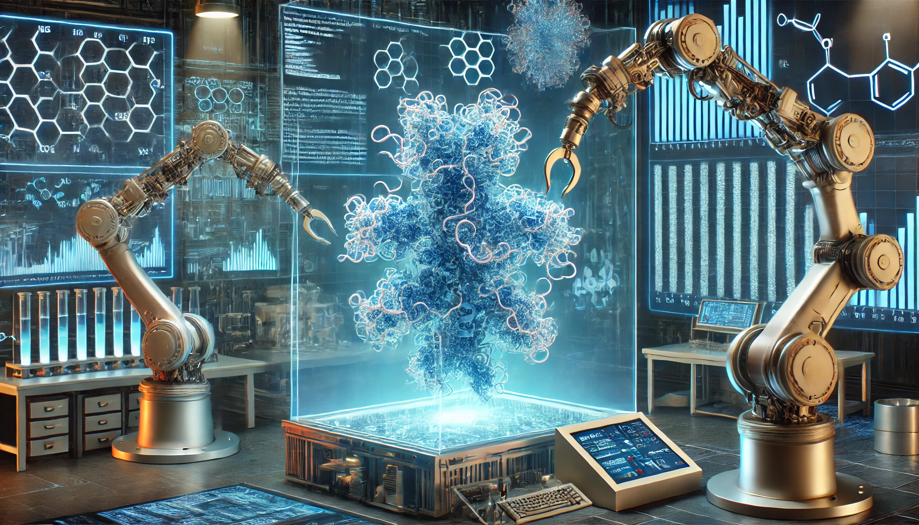 로봇 팔이 단백질 분자를 수정하는 모습