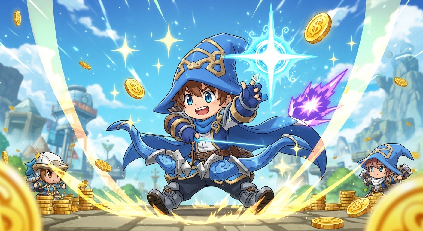 메이플키우기 무과금 캐릭터가 레벨업과 메소 획득에 성공하며 환하게 웃는 모습, 밝고 희망찬 분위기