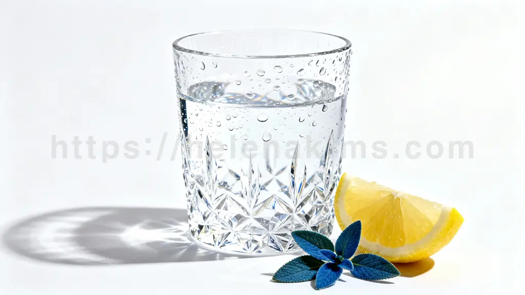 투명한 크리스탈 유리잔에 담긴 맑은 물이 싱그럽게 담겨 있고, 유리잔 표면에는 물방울이 맺혀 신선함을 더합니다. 잔 옆으로는 한 조각의 레몬과 푸른 허브 잎이 조화롭게 배치되어 상쾌함을 더합니다.