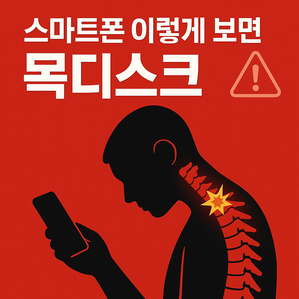 스마트폰을 아래로 내려다보는 자세가 거북목과 목 디스크를 유발하는 위험성을 강조한 붉은색 경고형 뉴스 썸네일 이미지