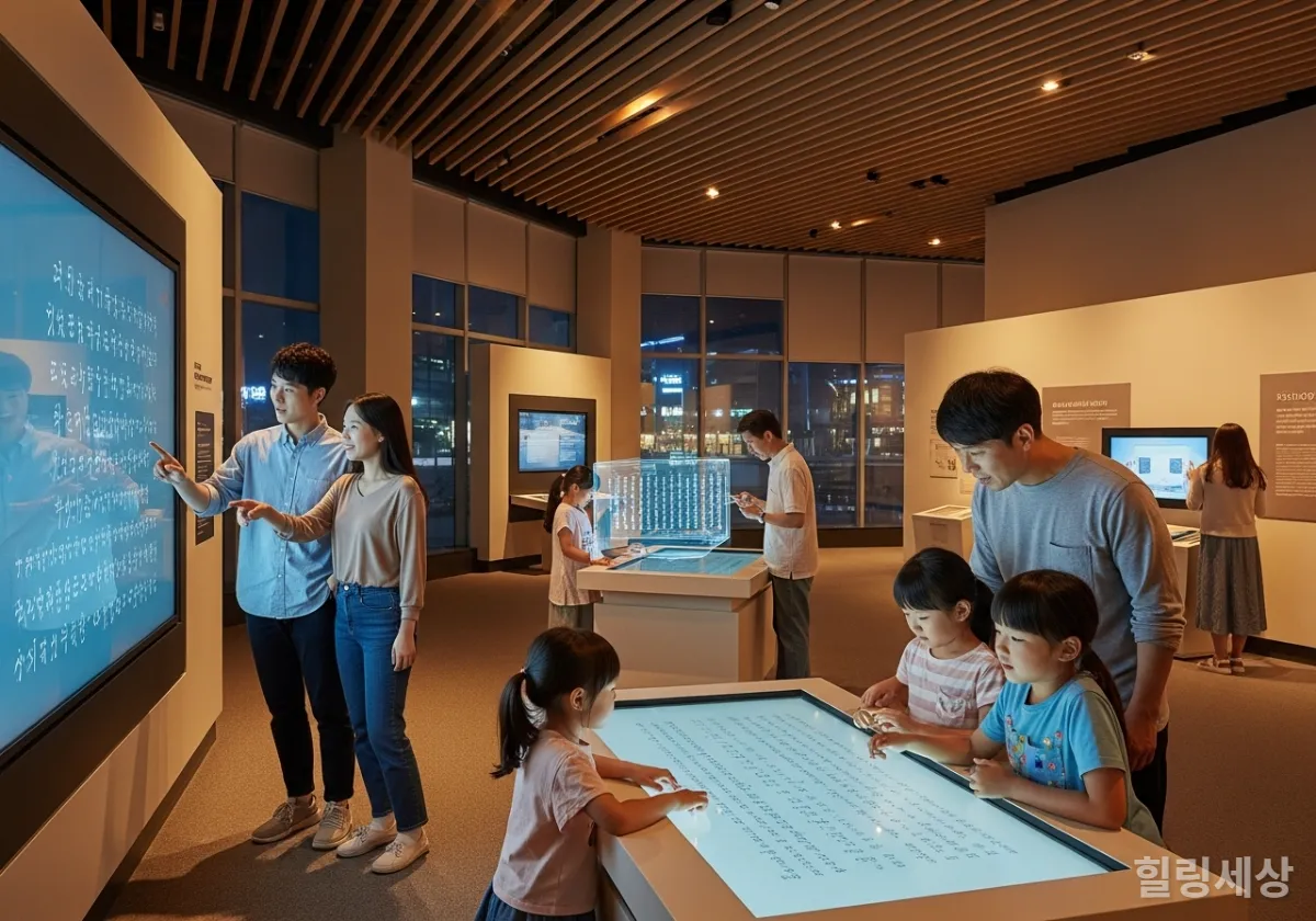 인천 국립세계문자박물관 내부에서 전시를 관람하는 한국 가족과 커플들의 모습