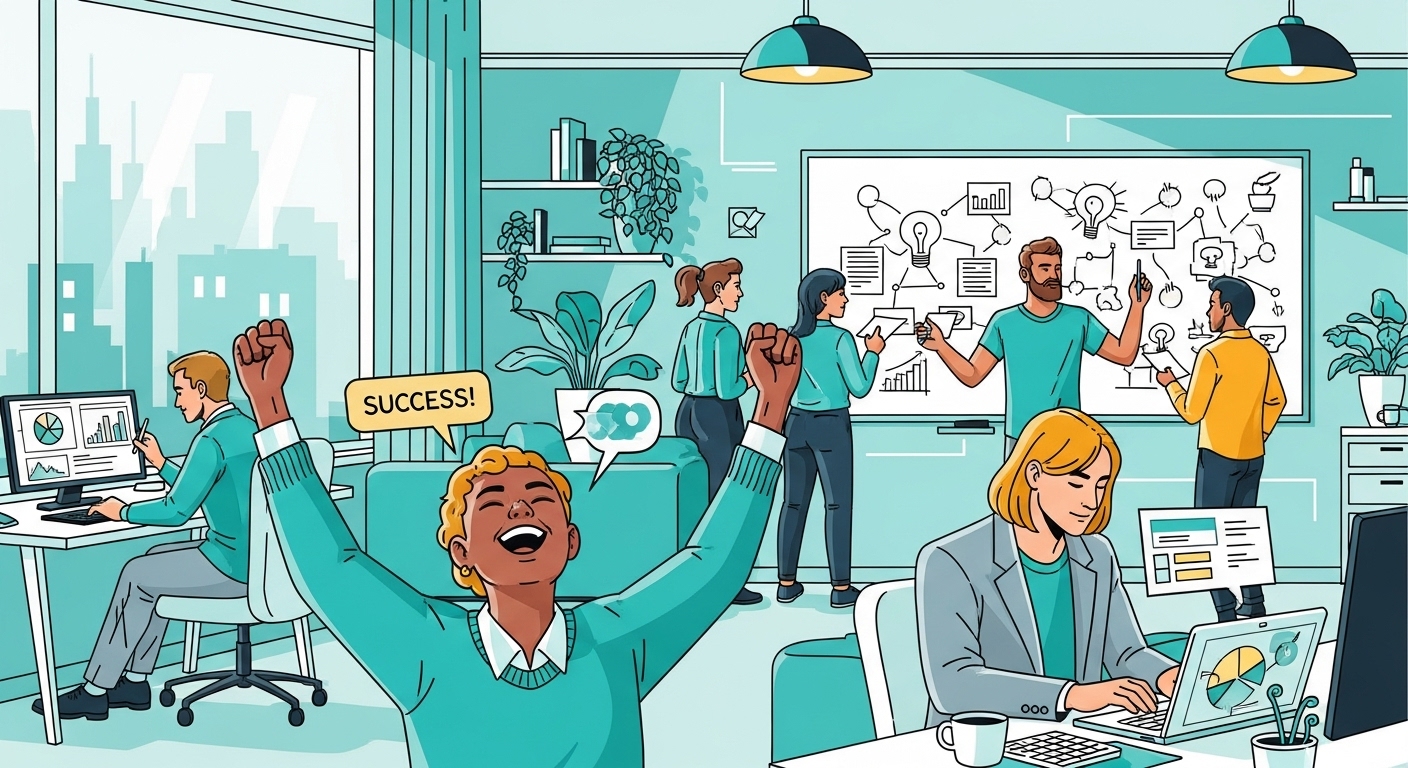 다양한 사람들이 현대적인 코워킹 스페이스에서 협력하고 성공을 축하하는 일러스트. 일자리 창출과 창업 지원의 활력을 상징합니다.