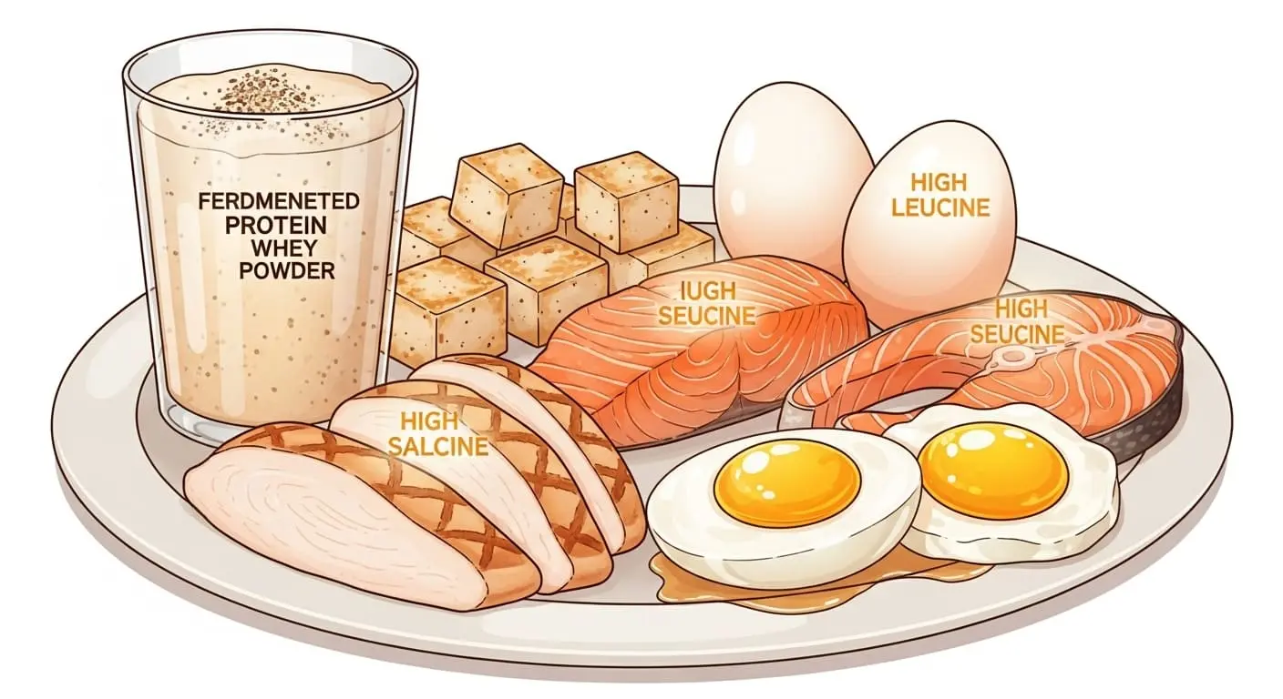 류신 함량이 높은 고기, 생선, 계란, 두부 등 단백질 식품과 발효 유청 단백질 쉐이크 이미지