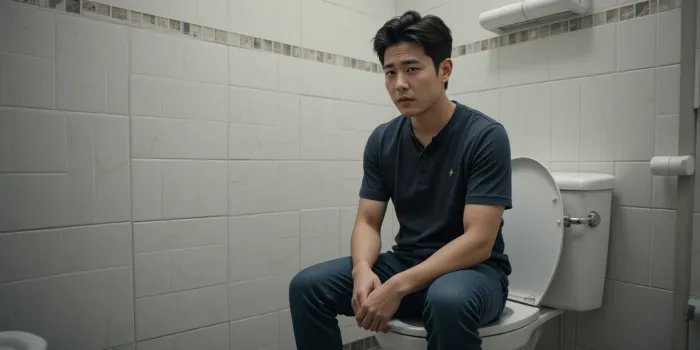 화장실에서 대장내시경 약 복용 후 불편해하는 모습