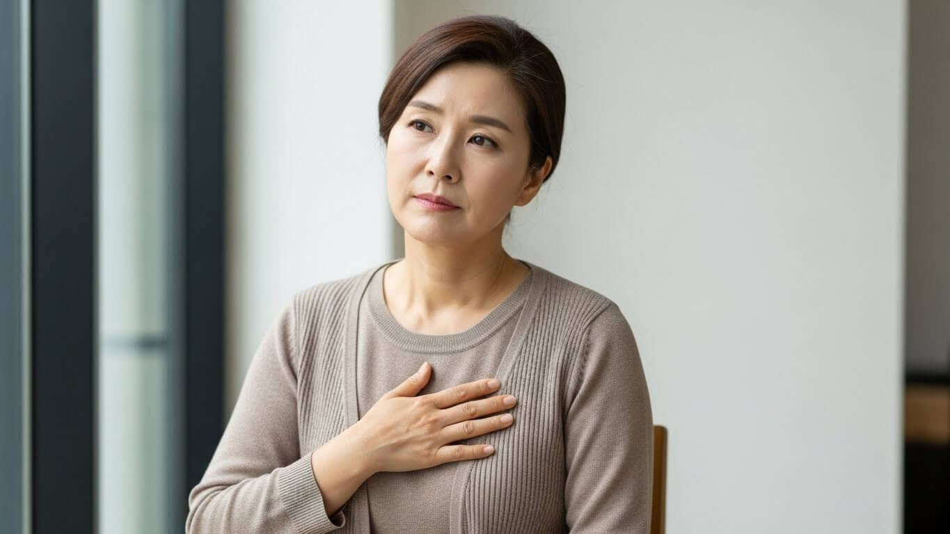 가슴 답답함을 느끼며 불편한 표정을 짓는 중년 여성