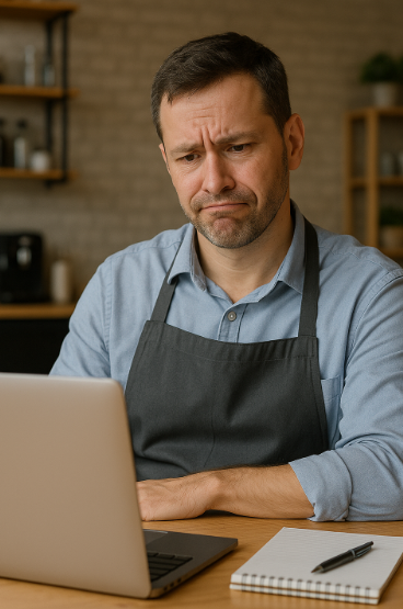 창업자가 수요착시와 자동화착각 등으로 함정에 걸려서 갸우뚱 하는 모습